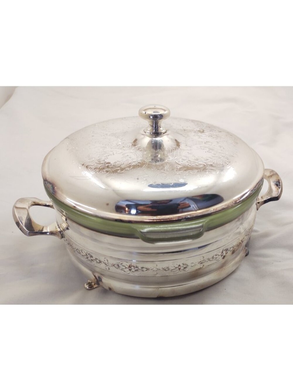 Vintage Silverplate Covered Casserole EP Brass Canada 907 ½ w Pyrex 023